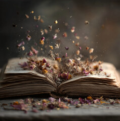 an old open book with delicate dried flower petals and small aromatic herbs emerging and gently spilling out from between the pages, warm soft natural lighting, textures on the paper and petals