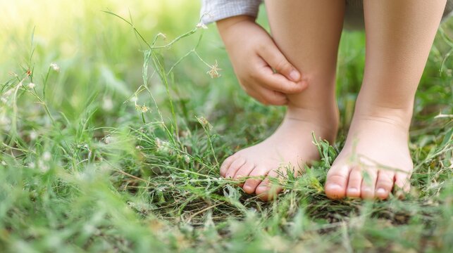 Closeup of toddler bare legs standing on green meadow with hidden dangerous tick in grass, symbol of Lyme disease, encephalitis risk, insect bite hazard, and outdoor safety awareness in summer