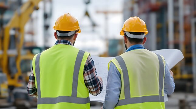Two construction workers in safety vests and hard hats review blueprints outdoors at a construction site.