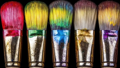 Close-up of five paintbrushes, vibrant colors, and metallic handles, against a black background