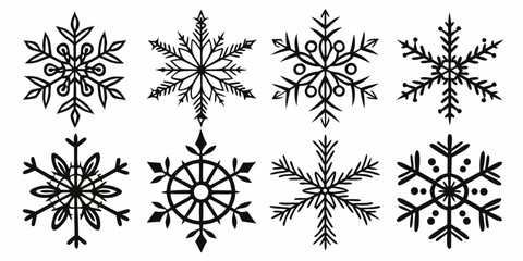 Seamless black and white vector floral pattern set with snowflake and ice flower elements for winter decoration design
