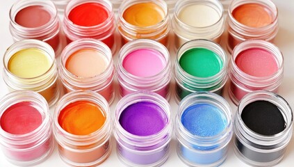 Assorted small, round, transparent containers filled with vibrant colored cosmetics