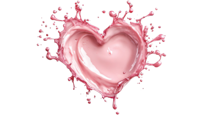 transparent png, A vibrant pink splash forms a heart shape, creating a lively and playful mood. The glossy liquid contrasts beautifully against a black background.