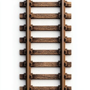 Train tracks close-up shot showing wooden sleepers and metal rails.  Straight line, top view