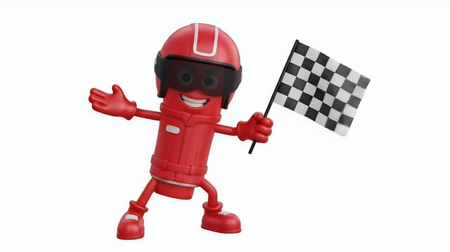 A cheerful cartoon race car driver character celebrates victory, holding a checkered flag.