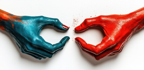 Two hands, painted teal and crimson, meet in the middle