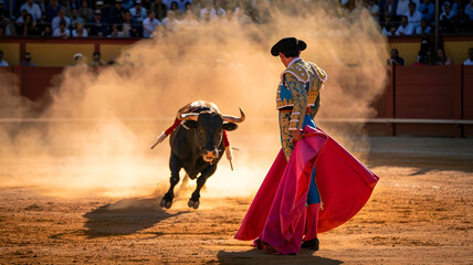 Fototapeta premium Matador and charging bull frozen mid-action in dusty arena glow.