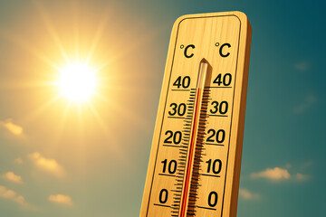 A close-up of the bright sun in the sky, with a thermometer in the foreground showing a temperature of plus forty degrees