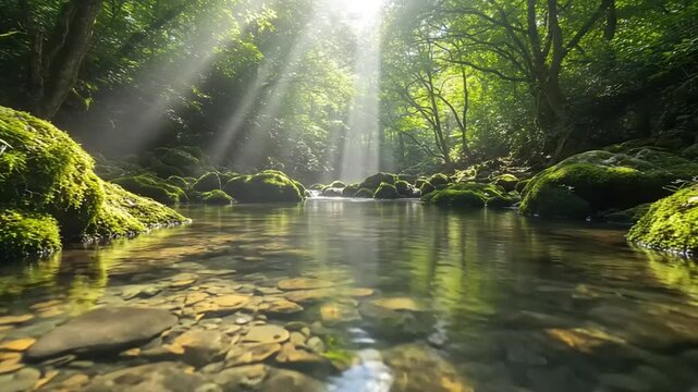 Clear stream flowing through a lush forest.