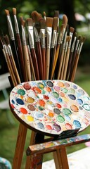 Paintbrushes and palette on easel outdoors