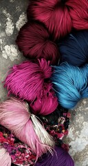 Colorful yarn balls on a textured surface