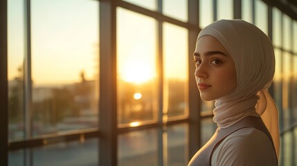 Young Woman in Hijab Contemplating Sunset Through Window