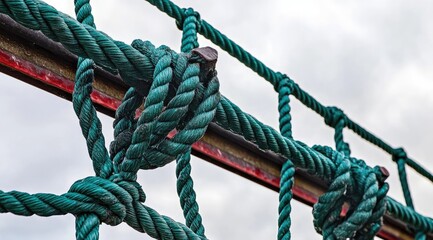 Close-up of interwoven teal ropes, knotted and secured to a metal frame, against a cloudy sky