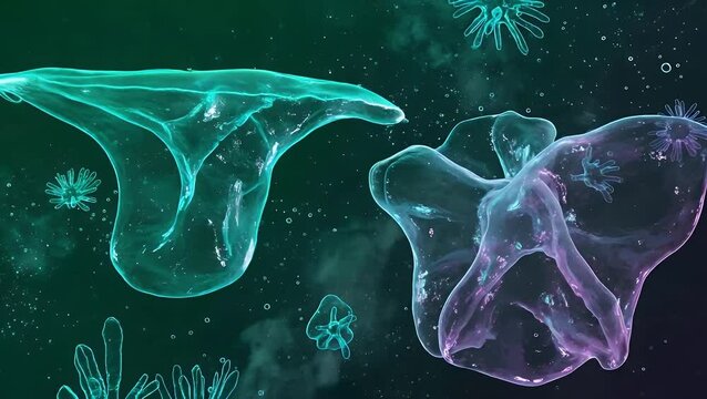 Abstract bubbles and stylized microbes in a dark smoky background