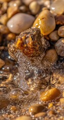 Close-up of water cascading over rocks on a beach