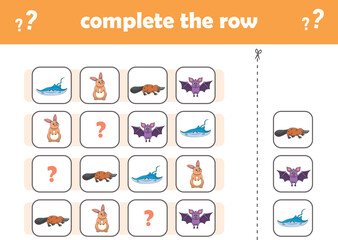 Education game for children complete the pattern. Cute wIld animals. Vector Illustration