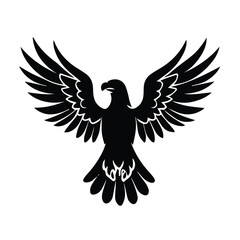 Fototapeta premium Black silhouette of a soaring eagle in mid-flight against a plain white background. Powerful, majestic eagle in flight in a heraldic style.