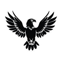 Obraz premium Majestic eagle silhouette in flight against a plain white background. Powerful bird in soaring posture with outstretched wings, showcasing freedom and strength.