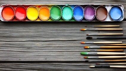 Watercolor paints and brushes on weathered wood