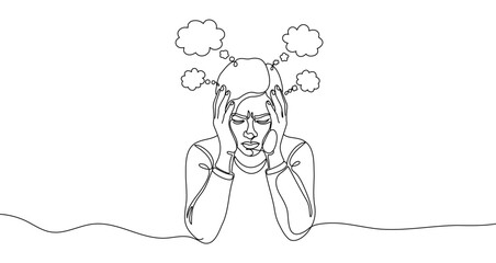 Person holding head with thoughts in one line art style. Person drawing with editable black stroke on white background. Vector illustration.
