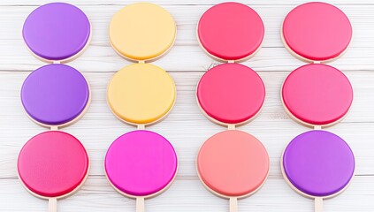 Colorful round candies on wooden sticks arranged in rows