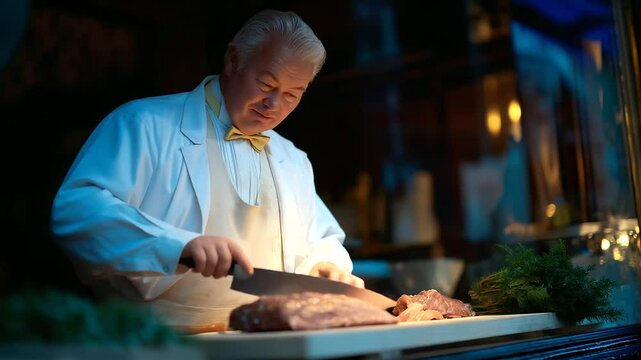 Butcher chopping meat with cleaver in a cool-toned shop - Powered by Adobe