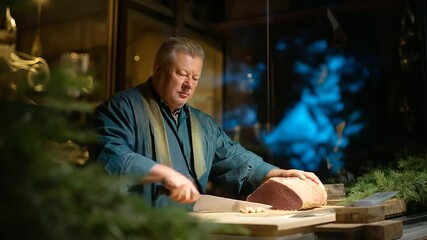 Butcher using cleaver in cool-toned shop with wooden counter