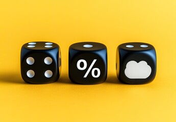 Three black dice on a yellow background.  Dice show percentage, cloud, and numbers
