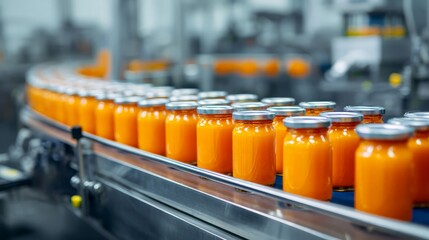 orange carrot puree baby food jars on factory conveyor, infant nutrition and hygienic food processing 
