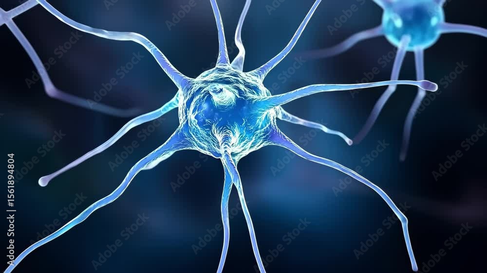 Poster a close-up view of a neuron, highlighting its structure with dendrites and axon, often depicted in s