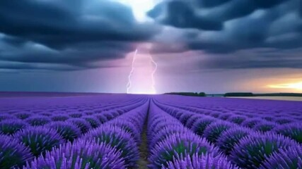 Stunning lightning strikes over a serene lavender field during an intense storm, showcasing nature's raw power. - Powered by Adobe