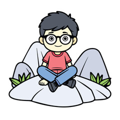 Young boy in casual clothing sitting on a rock outcrop. Relaxed posture with mountainous background. Student/child enjoying nature in a park -