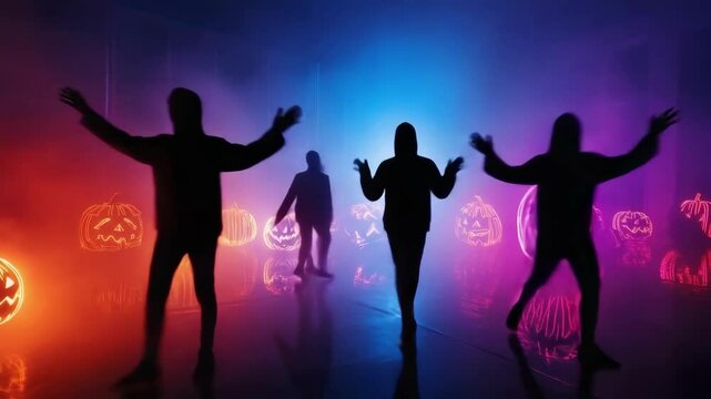 Silhouetted halloween dance party with pumpkins and neon lights. Halloween, All Hallows Eve, Samhain - Spooky Holiday Season, Fall Festival Celebration