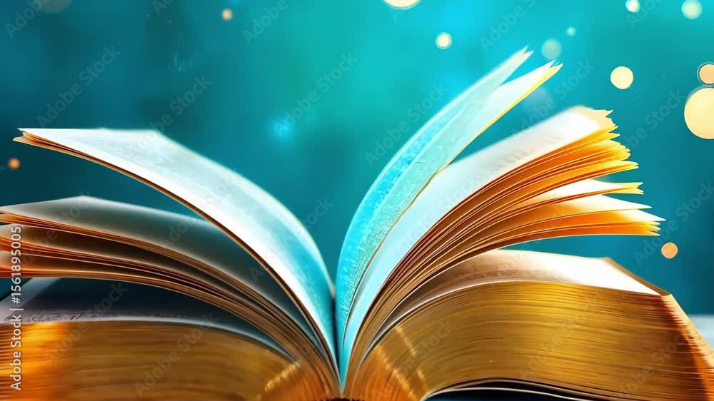 Poster an open book with fanned pages, set against a dreamy, blurred background with soft bokeh effects.
