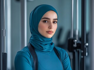 Young Woman in Teal Hijab and Athletic Wear Posing in Home Gym
