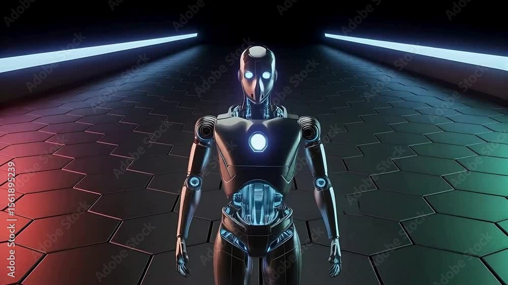 Poster futuristic humanoid robot on a hexagonal platform with blue and red lighting effects