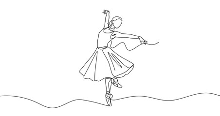 Ballerina dancing in one line art style. Ballerina drawing with editable black stroke on white background. Vector illustration.