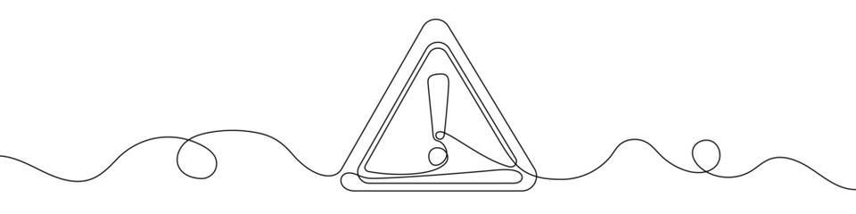 Yellow exclamation mark in triangle in one line art style. Exclamation mark drawing with editable black stroke on white background. Vector illustration.