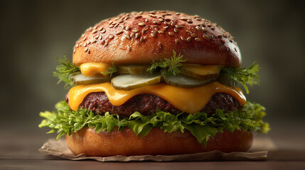 Gourmet cheeseburger with fresh lettuce, pickles, and melted cheese on a sesame seed bun