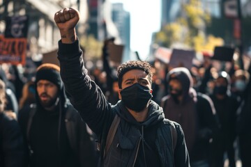 Activists protesting on the street in mask