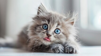 A cute gray kitten with fluffy long hair. It has big, beautiful blue eyes. It's lying on a white table and licking its lips.