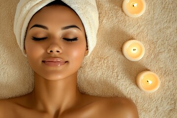 beautiful african woman having massage at spa with candles and towel