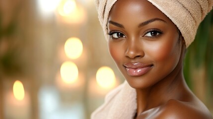 beautiful african woman at spa with candles and towel with copy space