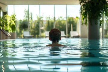 back view of child in modern swimming pool