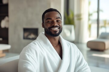 Smiling african man in a white bathrobe in a modern interior