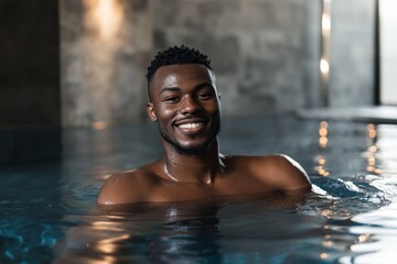 cheerful man in modern swimming pool