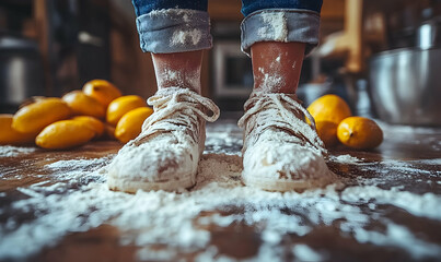 Child's feet covered in flour amidst lemons on a wooden surface, with rolled-up jeans, kitchen in background