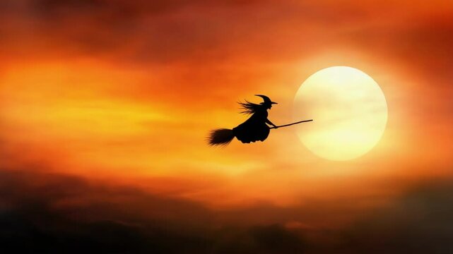 Silhouette of witch flying across dramatic sunset sky with full moon. Halloween, All Hallows Eve, Samhain - Spooky Holiday Season, Fall Festival Celebration