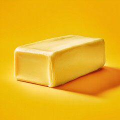 block of butter, with crumbled pieces beside it, sits on a vibrant yellow surface, highlighting its creamy texture.