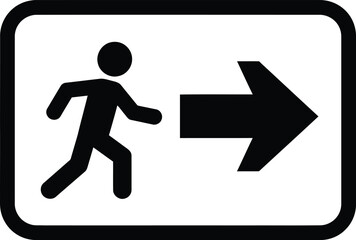 A black and white sign indicating an emergency exit route.